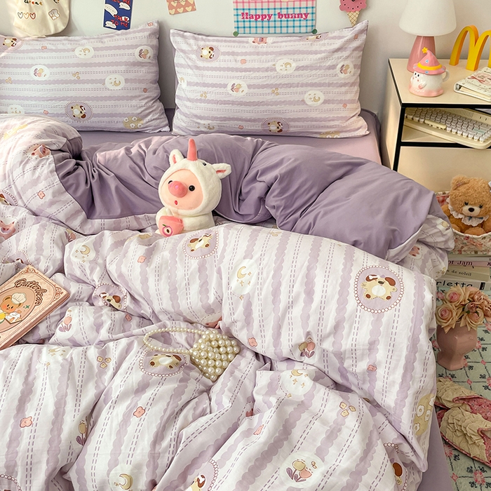 91家纺网 家纺一手货源 找家纺 梦卓家纺 2025新款超柔水洗棉印花双层纱卡通小清新四件套 珍珠小熊