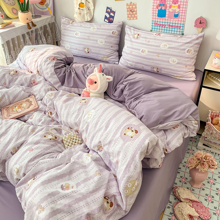 91家纺网 家纺一手货源 找家纺 梦卓家纺 2025新款超柔水洗棉印花双层纱卡通小清新四件套 珍珠小熊