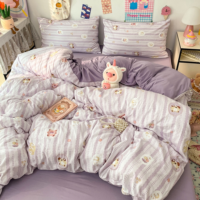 91家纺网 家纺一手货源 找家纺 梦卓家纺 2025新款超柔水洗棉印花双层纱卡通小清新四件套 珍珠小熊