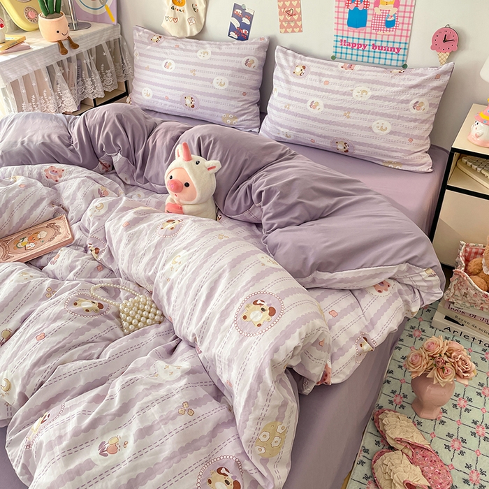 91家纺网 家纺一手货源 找家纺 梦卓家纺 2025新款超柔水洗棉印花双层纱卡通小清新四件套 珍珠小熊