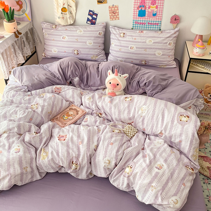 91家纺网 家纺一手货源 找家纺 梦卓家纺 2025新款超柔水洗棉印花双层纱卡通小清新四件套 珍珠小熊