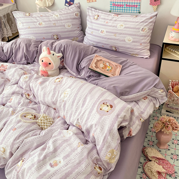 91家纺网 家纺一手货源 找家纺 梦卓家纺 2025新款超柔水洗棉印花双层纱卡通小清新四件套 珍珠小熊