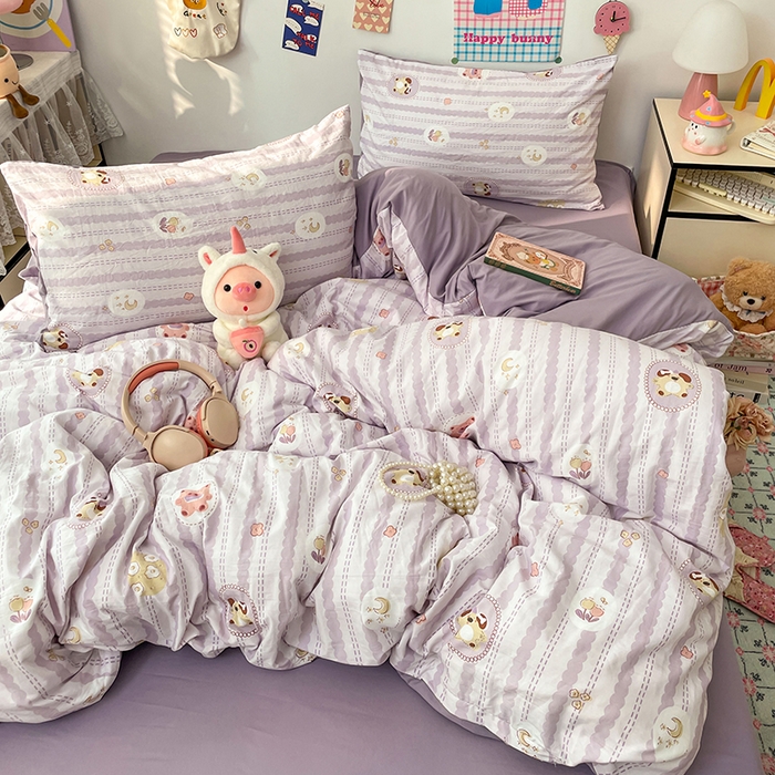 91家纺网 家纺一手货源 找家纺 梦卓家纺 2025新款超柔水洗棉印花双层纱卡通小清新四件套 珍珠小熊