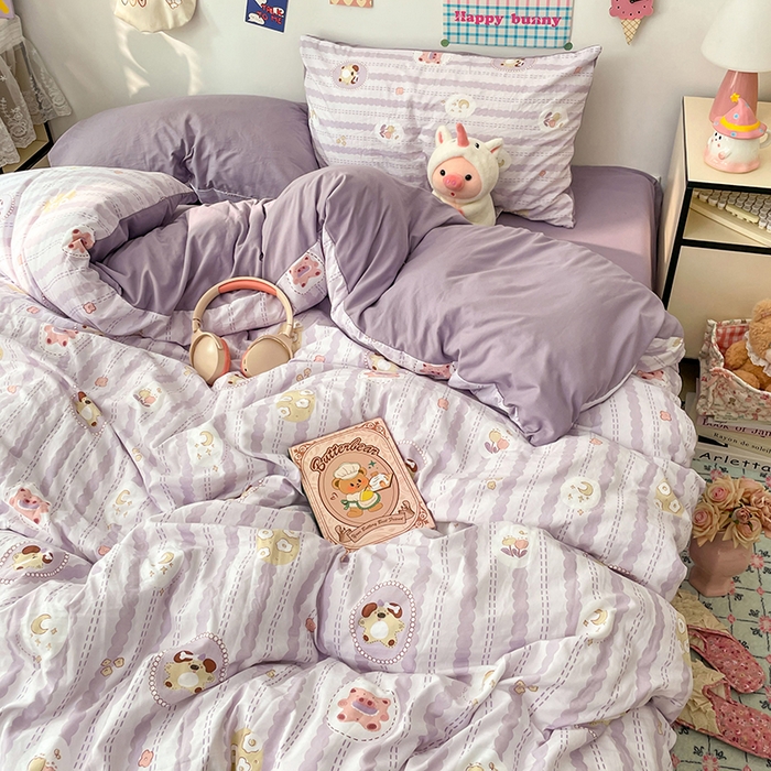 91家纺网 家纺一手货源 找家纺 梦卓家纺 2025新款超柔水洗棉印花双层纱卡通小清新四件套 珍珠小熊