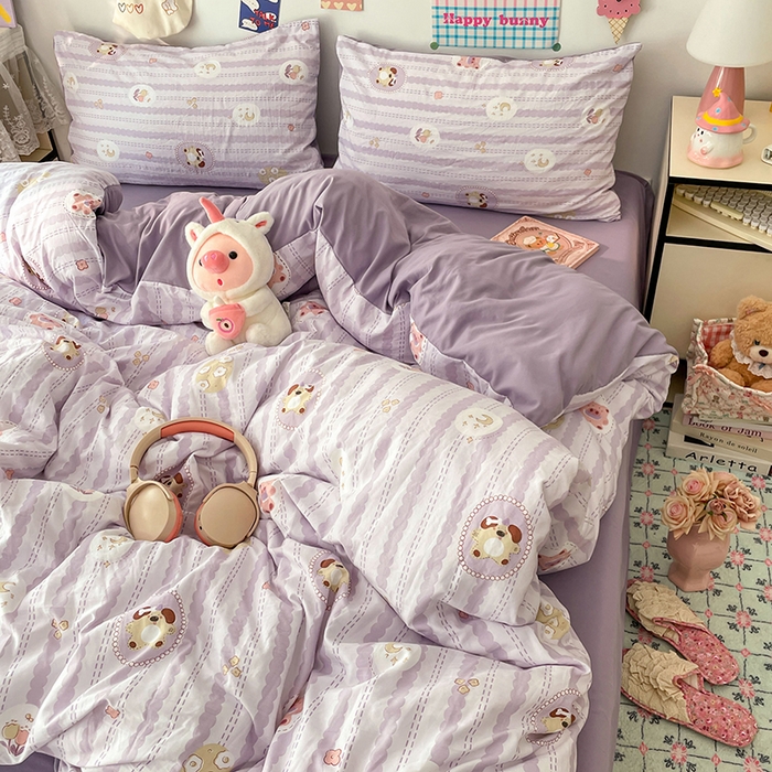 91家纺网 家纺一手货源 找家纺 梦卓家纺 2025新款超柔水洗棉印花双层纱卡通小清新四件套 珍珠小熊