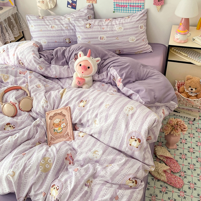 91家纺网 家纺一手货源 找家纺 梦卓家纺 2025新款超柔水洗棉印花双层纱卡通小清新四件套 珍珠小熊