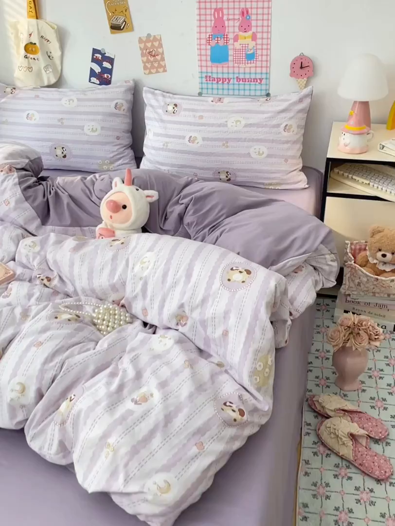 91家纺网 家纺一手货源 找家纺 梦卓家纺 2025新款超柔水洗棉印花双层纱卡通小清新四件套 珍珠小熊