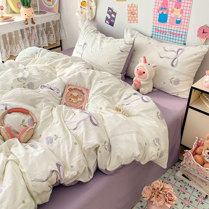 梦卓家纺 2025新款超柔水洗棉印花双层纱卡通小清新四件套 紫色蝴蝶结