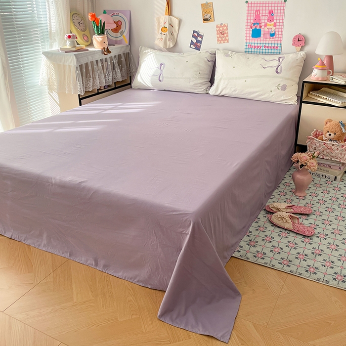 91家纺网 家纺一手货源 找家纺 梦卓家纺 2025新款超柔水洗棉印花双层纱卡通小清新四件套 紫色蝴蝶结