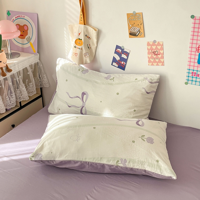 91家纺网 家纺一手货源 找家纺 梦卓家纺 2025新款超柔水洗棉印花双层纱卡通小清新四件套 紫色蝴蝶结