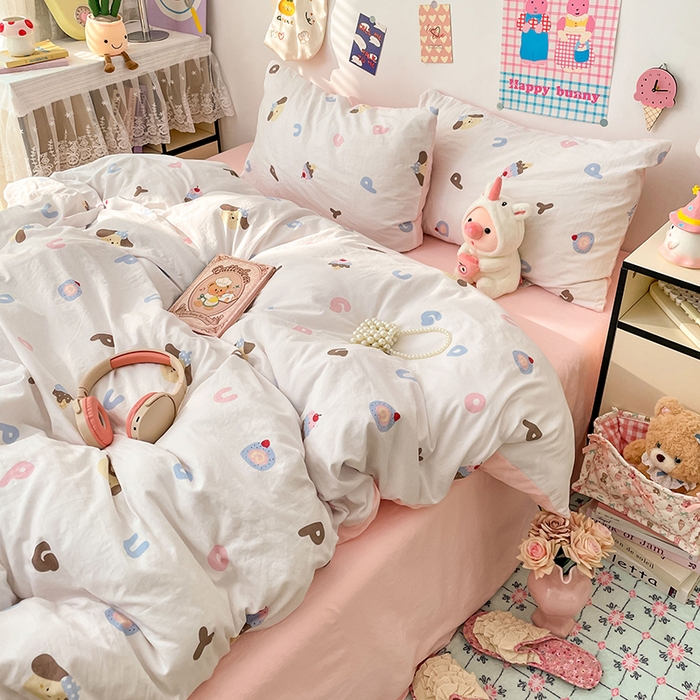 梦卓家纺 2025新款超柔水洗棉印花双层纱卡通小清新四件套 字母小狗