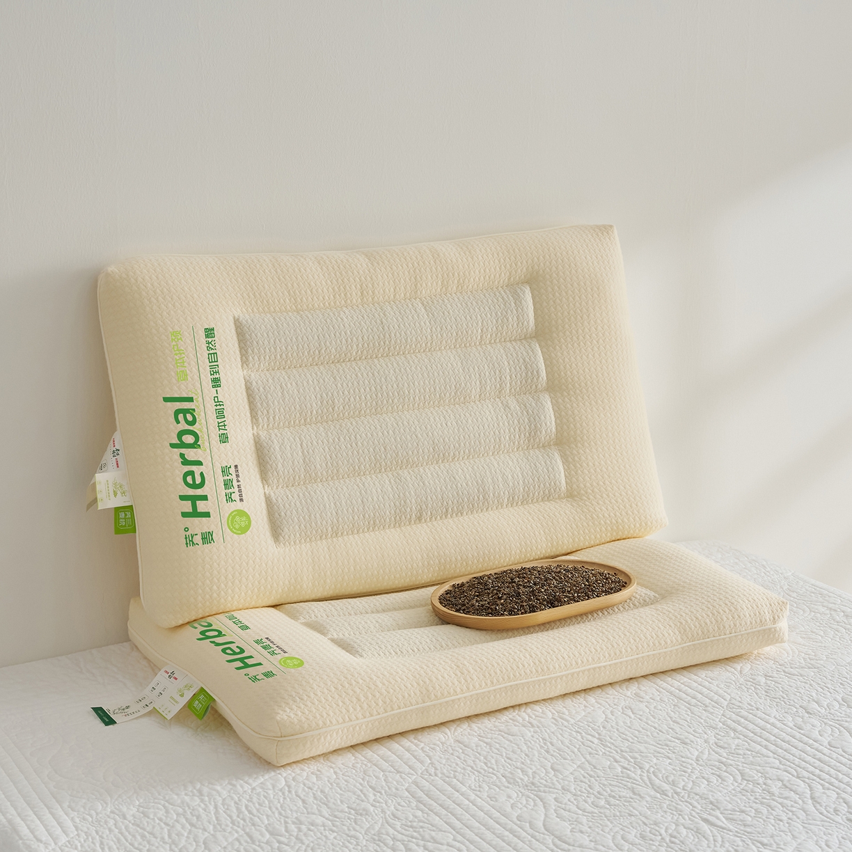 91家纺网 家纺一手货源 找家纺 乐可 2025新款草本定型枕荞麦学生枕成人枕枕头枕芯 草本定型枕单边-米