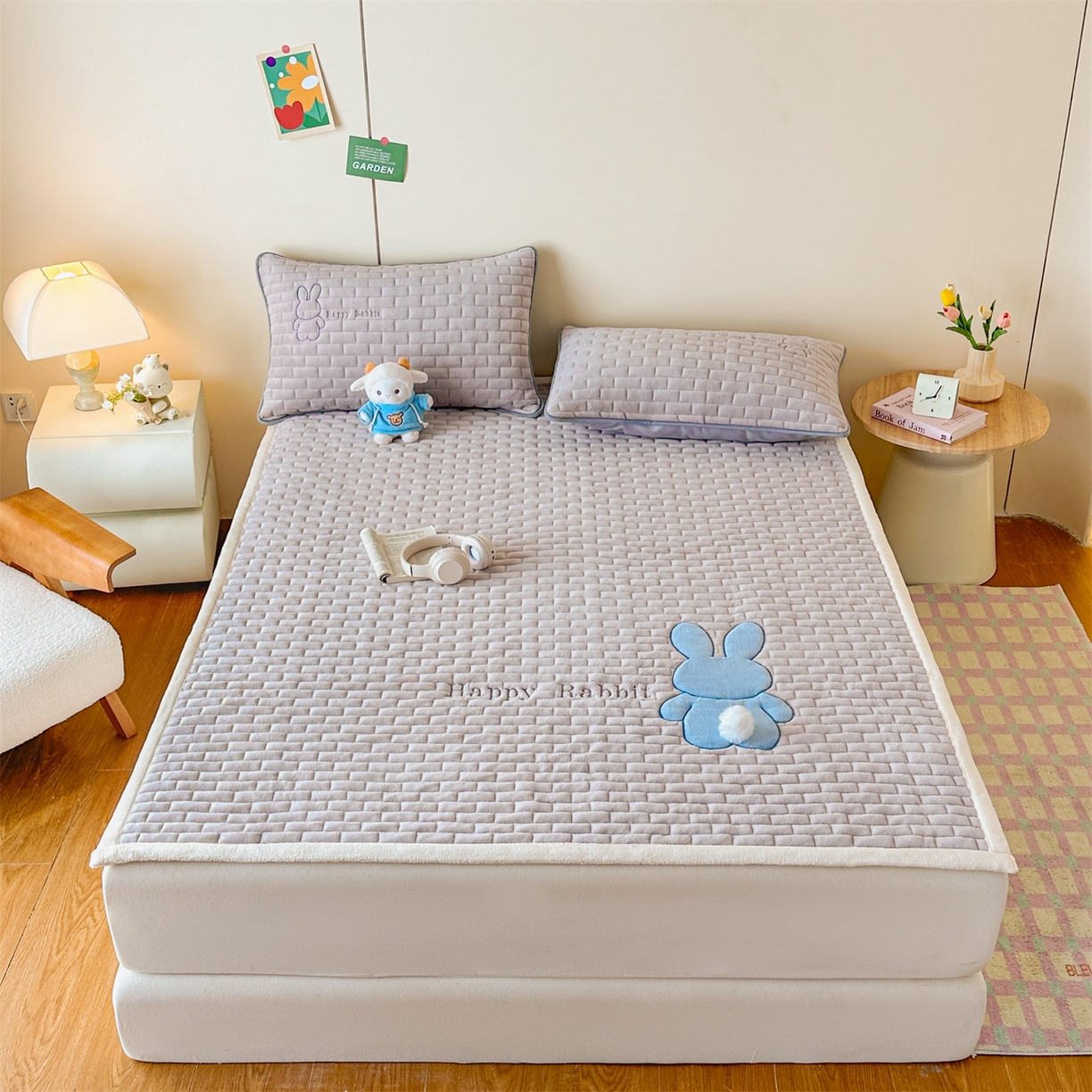 恋绒家纺 2025新款贴布绣牛奶绒床褥床垫 Q萌小兔-银灰