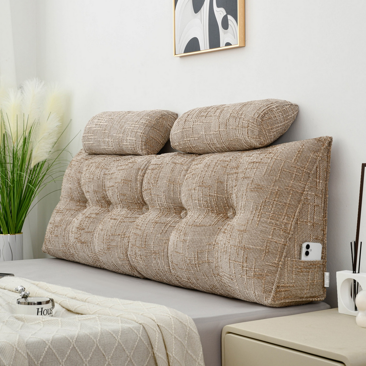 91家纺网 家纺一手货源 找家纺 美达人 2025新款床头靠垫大靠背带头枕可拆洗-肌理麻 肌理麻-焦糖奶茶-枕头款