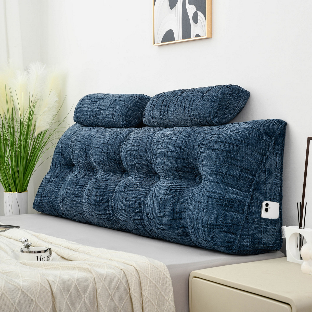 91家纺网 家纺一手货源 找家纺 美达人 2025新款床头靠垫大靠背带头枕可拆洗-肌理麻 肌理麻-孔雀蓝-枕头款