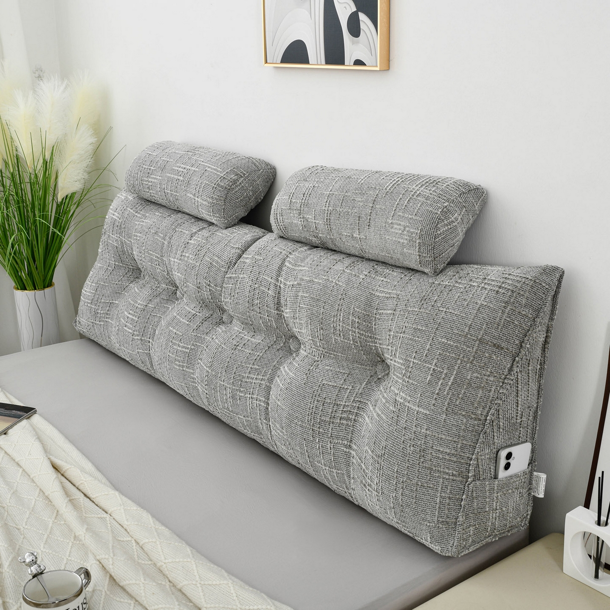 91家纺网 家纺一手货源 找家纺 美达人 2025新款床头靠垫大靠背带头枕可拆洗-肌理麻 肌理麻-浅柔灰-枕头款