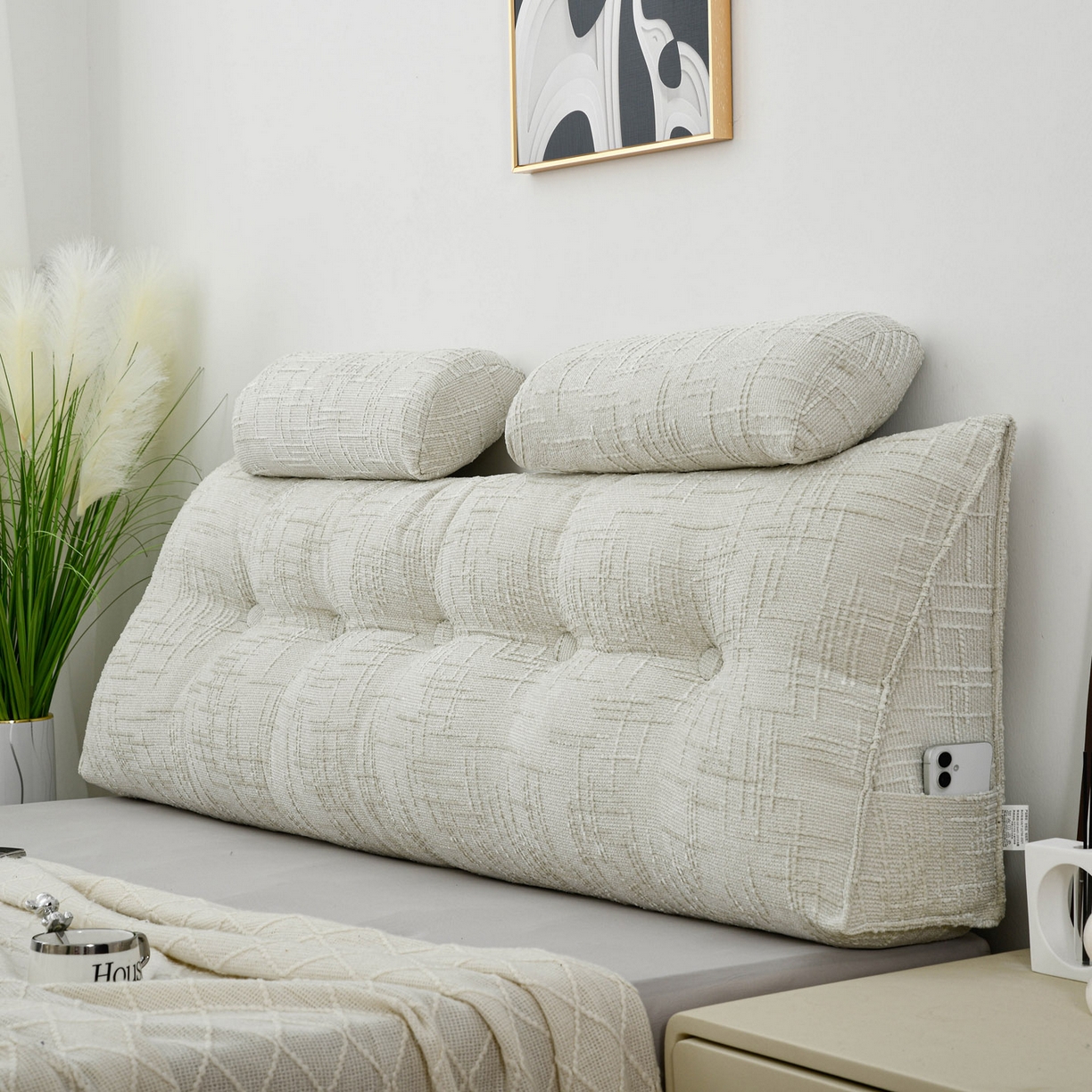 91家纺网 家纺一手货源 找家纺 美达人 2025新款床头靠垫大靠背带头枕可拆洗-肌理麻 肌理麻-香草白-枕头款