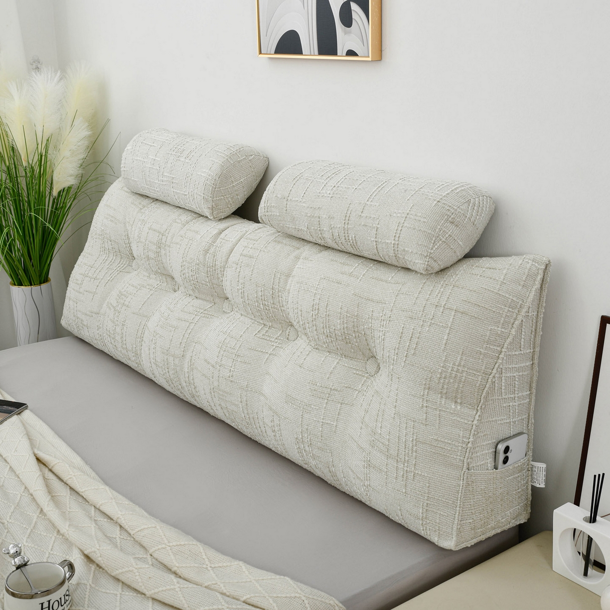 91家纺网 家纺一手货源 找家纺 美达人 2025新款床头靠垫大靠背带头枕可拆洗-肌理麻 肌理麻-香草白-枕头款