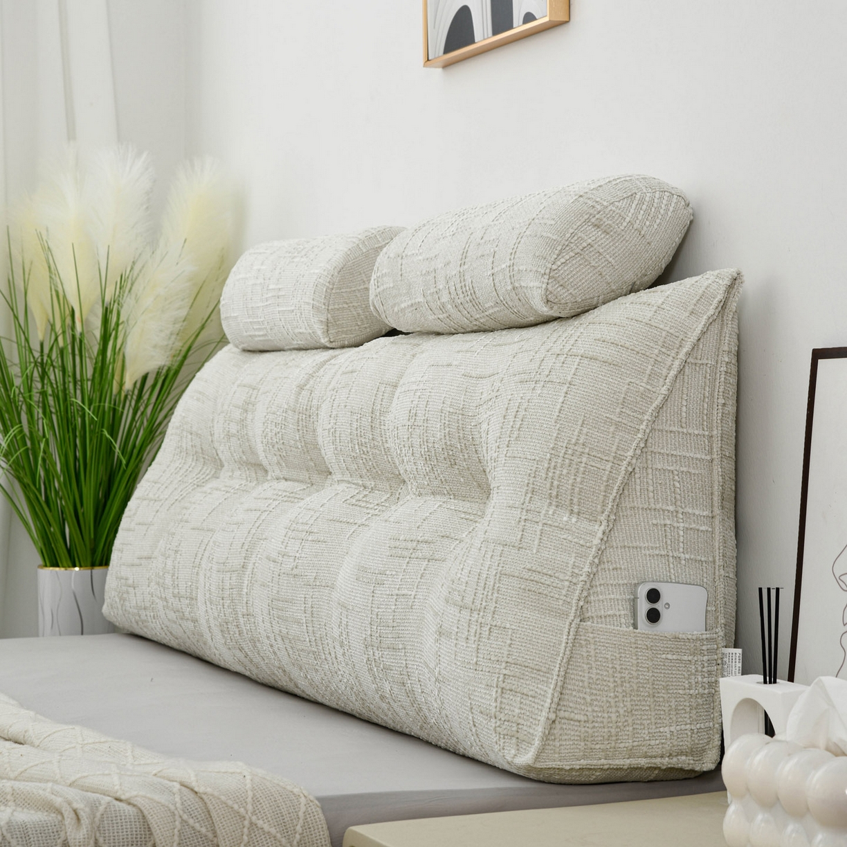 91家纺网 家纺一手货源 找家纺 美达人 2025新款床头靠垫大靠背带头枕可拆洗-肌理麻 肌理麻-香草白-枕头款