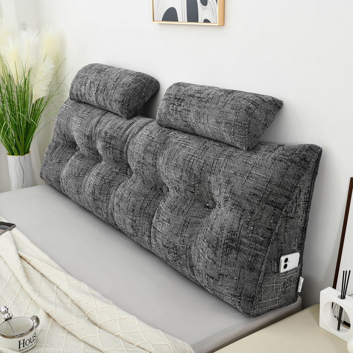 91家纺网 家纺一手货源 找家纺 美达人 2025新款床头靠垫大靠背带头枕可拆洗-肌理麻 肌理麻-云烟灰-枕头款