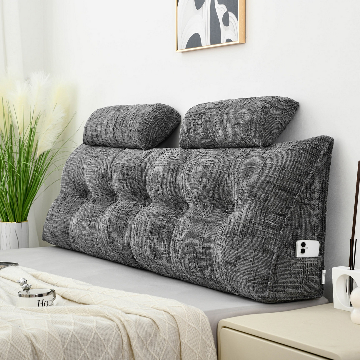 91家纺网 家纺一手货源 找家纺 美达人 2025新款床头靠垫大靠背带头枕可拆洗-肌理麻 肌理麻-云烟灰-枕头款