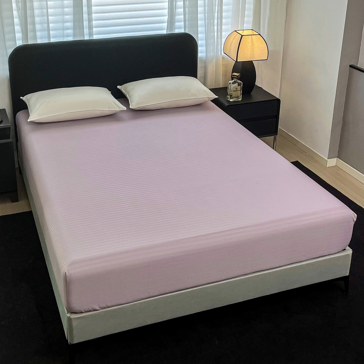 91家纺网 家纺一手货源 找家纺 恬澳家纺 2025新款简约磨毛压花床笠外贸跨境电商亚马逊速卖通单床笠三件套欧美尺寸多多跨境平台TEMU SHEIN 条纹-紫