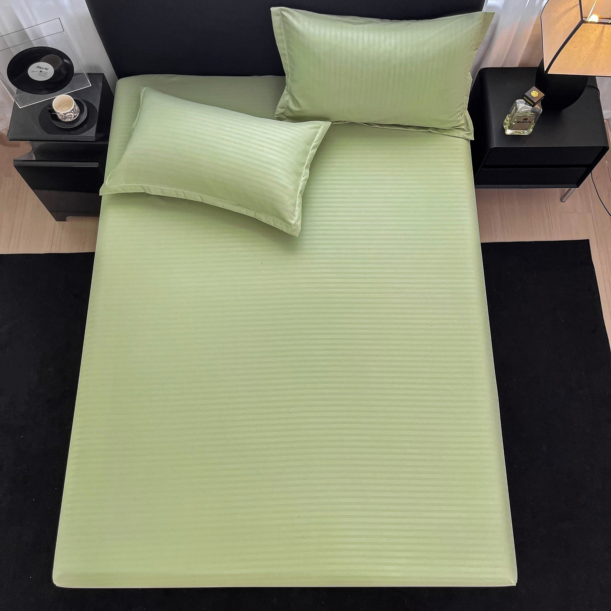 91家纺网 家纺一手货源 找家纺 恬澳家纺 2025新款简约磨毛压花床笠外贸跨境电商亚马逊速卖通单床笠三件套欧美尺寸多多跨境平台TEMU SHEIN 条纹-绿