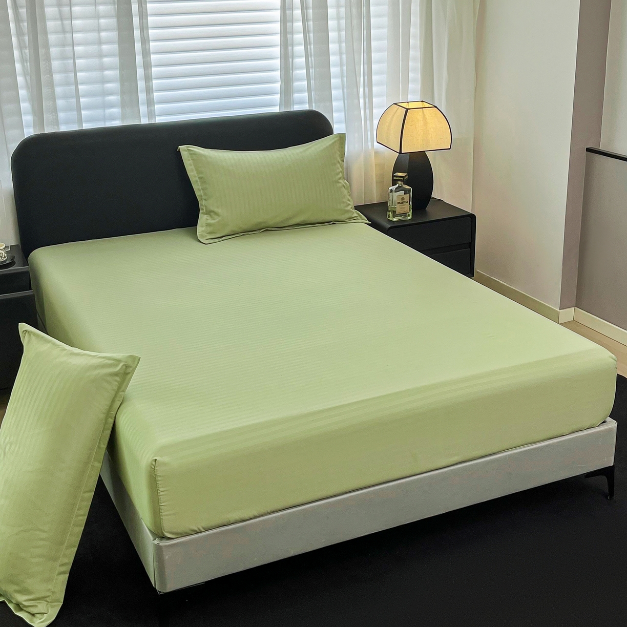 91家纺网 家纺一手货源 找家纺 恬澳家纺 2025新款简约磨毛压花床笠外贸跨境电商亚马逊速卖通单床笠三件套欧美尺寸多多跨境平台TEMU SHEIN 条纹-绿