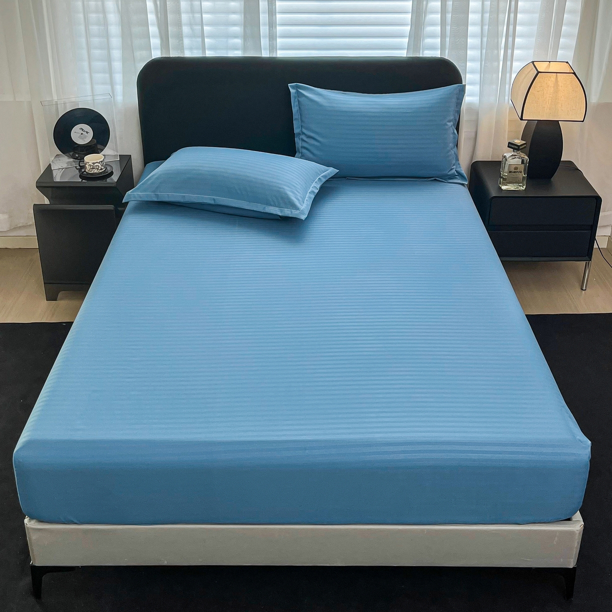 91家纺网 家纺一手货源 找家纺 恬澳家纺 2025新款简约磨毛压花床笠外贸跨境电商亚马逊速卖通单床笠三件套欧美尺寸多多跨境平台TEMU SHEIN 条纹-蓝