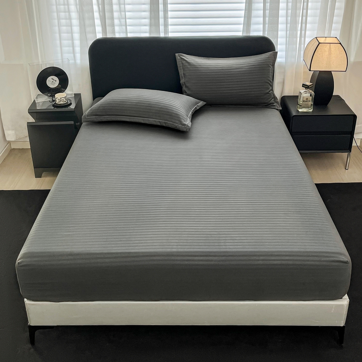 91家纺网 家纺一手货源 找家纺 恬澳家纺 2025新款简约磨毛压花床笠外贸跨境电商亚马逊速卖通单床笠三件套欧美尺寸多多跨境平台TEMU SHEIN 条纹-深灰