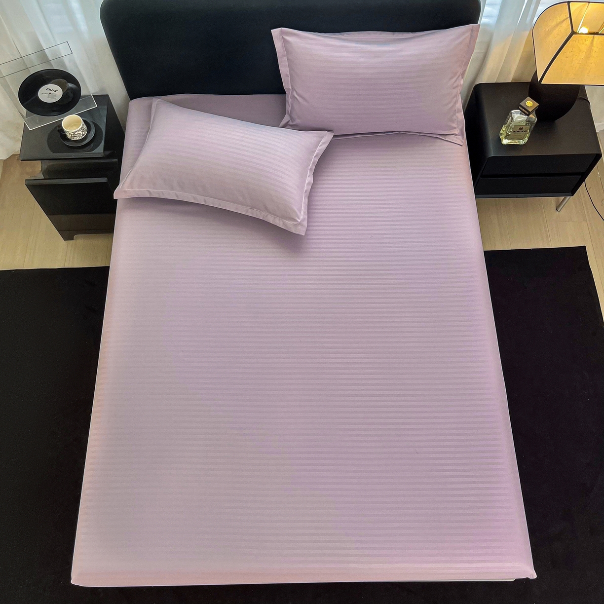 91家纺网 家纺一手货源 找家纺 恬澳家纺 2025新款简约磨毛压花床笠外贸跨境电商亚马逊速卖通单床笠三件套欧美尺寸多多跨境平台TEMU SHEIN 条纹-紫