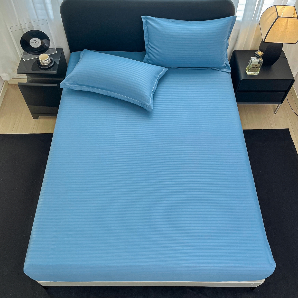 91家纺网 家纺一手货源 找家纺 恬澳家纺 2025新款简约磨毛压花床笠外贸跨境电商亚马逊速卖通单床笠三件套欧美尺寸多多跨境平台TEMU SHEIN 条纹-蓝