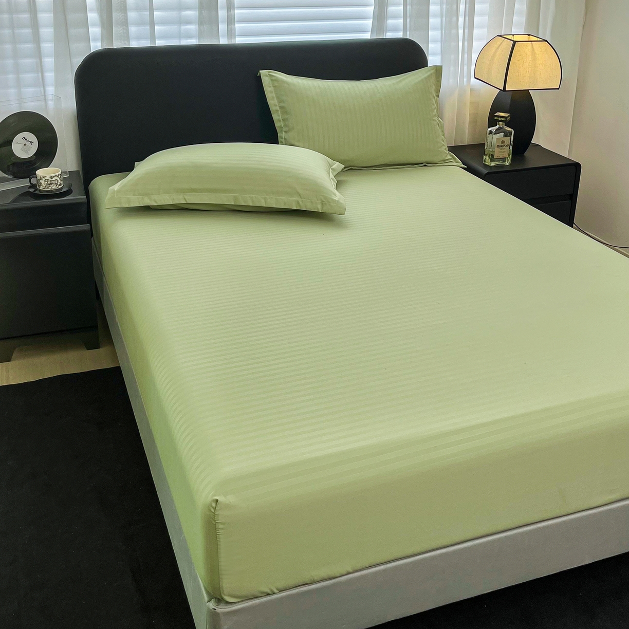 91家纺网 家纺一手货源 找家纺 恬澳家纺 2025新款简约磨毛压花床笠外贸跨境电商亚马逊速卖通单床笠三件套欧美尺寸多多跨境平台TEMU SHEIN 条纹-绿