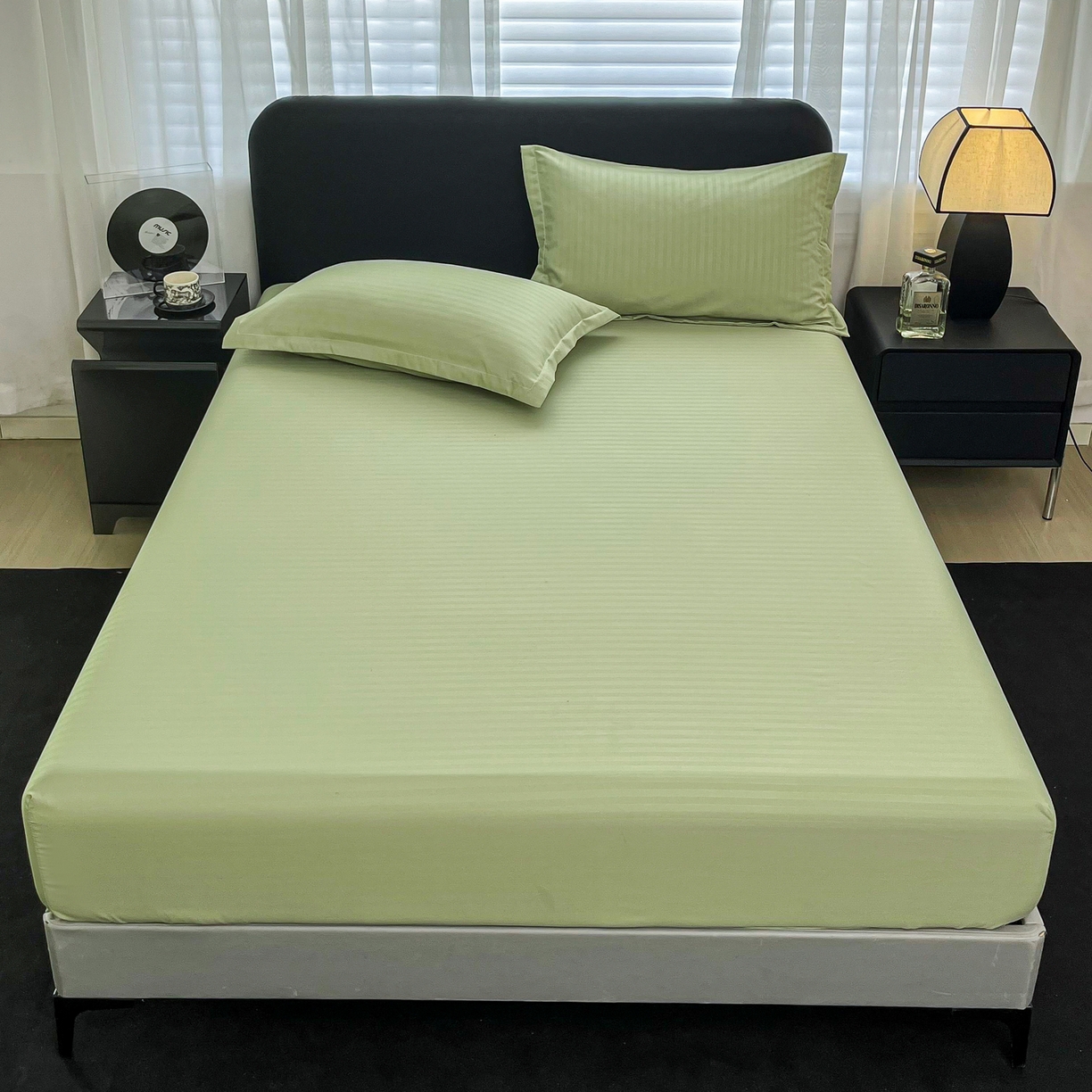 91家纺网 家纺一手货源 找家纺 恬澳家纺 2025新款简约磨毛压花床笠外贸跨境电商亚马逊速卖通单床笠三件套欧美尺寸多多跨境平台TEMU SHEIN 条纹-绿