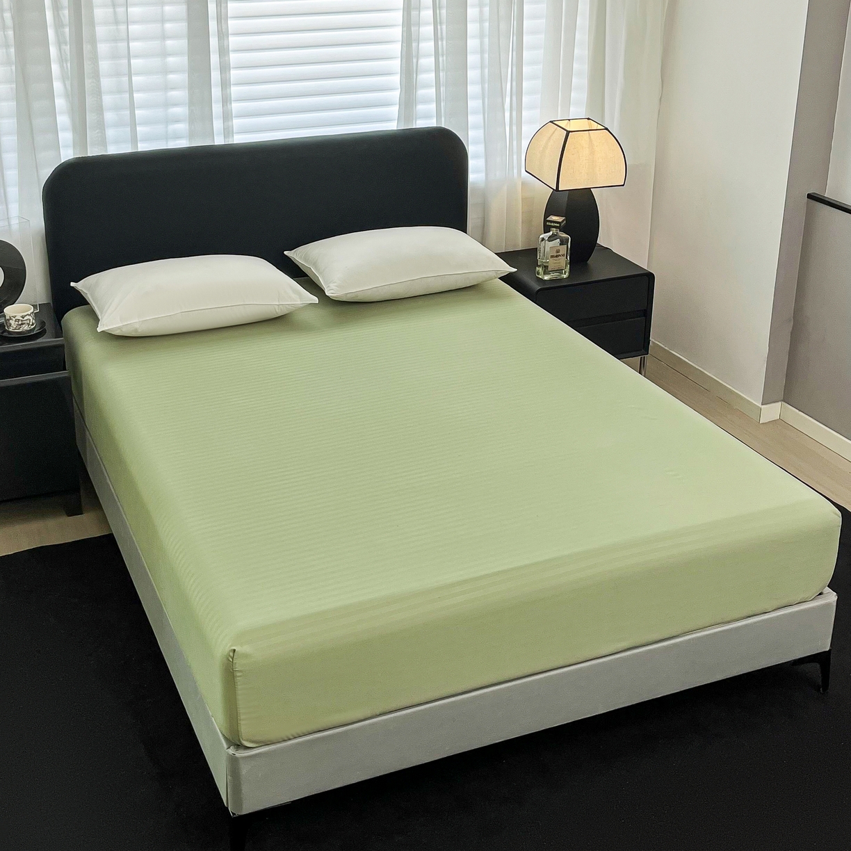 91家纺网 家纺一手货源 找家纺 恬澳家纺 2025新款简约磨毛压花床笠外贸跨境电商亚马逊速卖通单床笠三件套欧美尺寸多多跨境平台TEMU SHEIN 条纹-绿