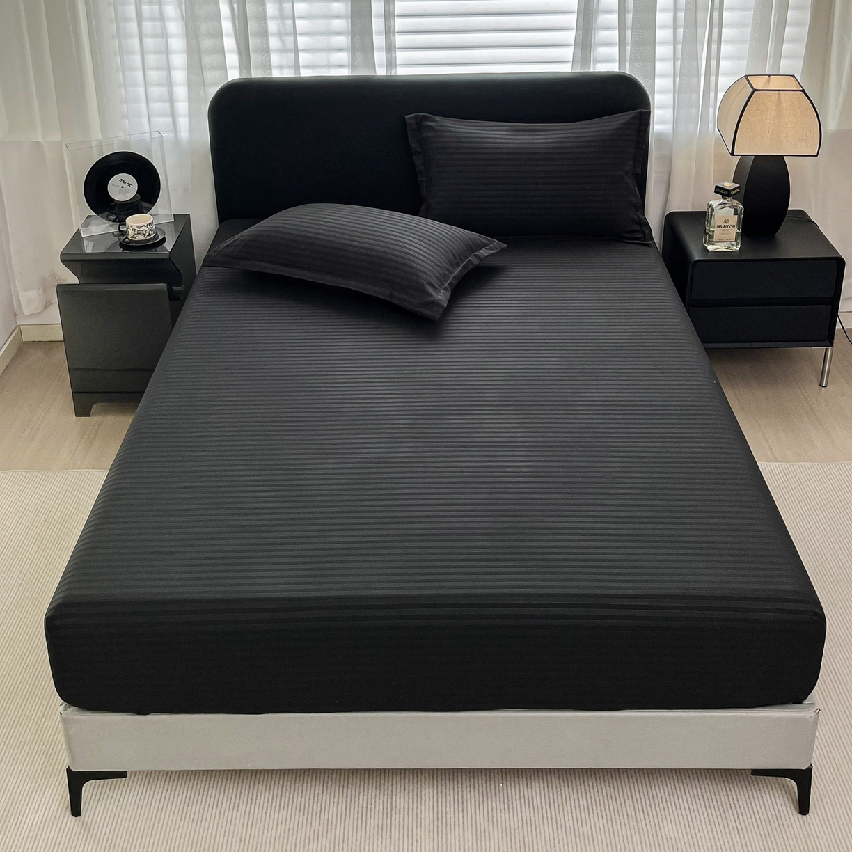 91家纺网 家纺一手货源 找家纺 恬澳家纺 2025新款简约磨毛压花床笠外贸跨境电商亚马逊速卖通单床笠三件套欧美尺寸多多跨境平台TEMU SHEIN 条纹-黑