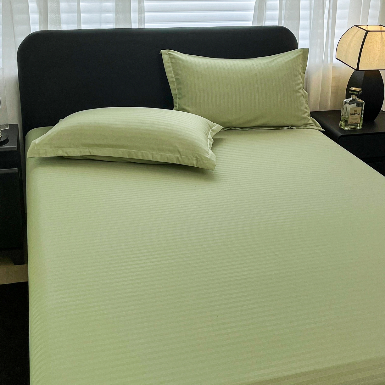 91家纺网 家纺一手货源 找家纺 恬澳家纺 2025新款简约磨毛压花床笠外贸跨境电商亚马逊速卖通单床笠三件套欧美尺寸多多跨境平台TEMU SHEIN 条纹-绿