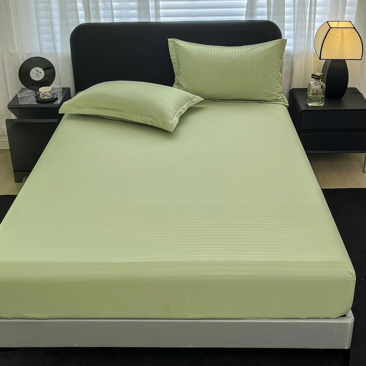 91家纺网 家纺一手货源 找家纺 恬澳家纺 2025新款简约磨毛压花床笠外贸跨境电商亚马逊速卖通单床笠三件套欧美尺寸多多跨境平台TEMU SHEIN 条纹-绿