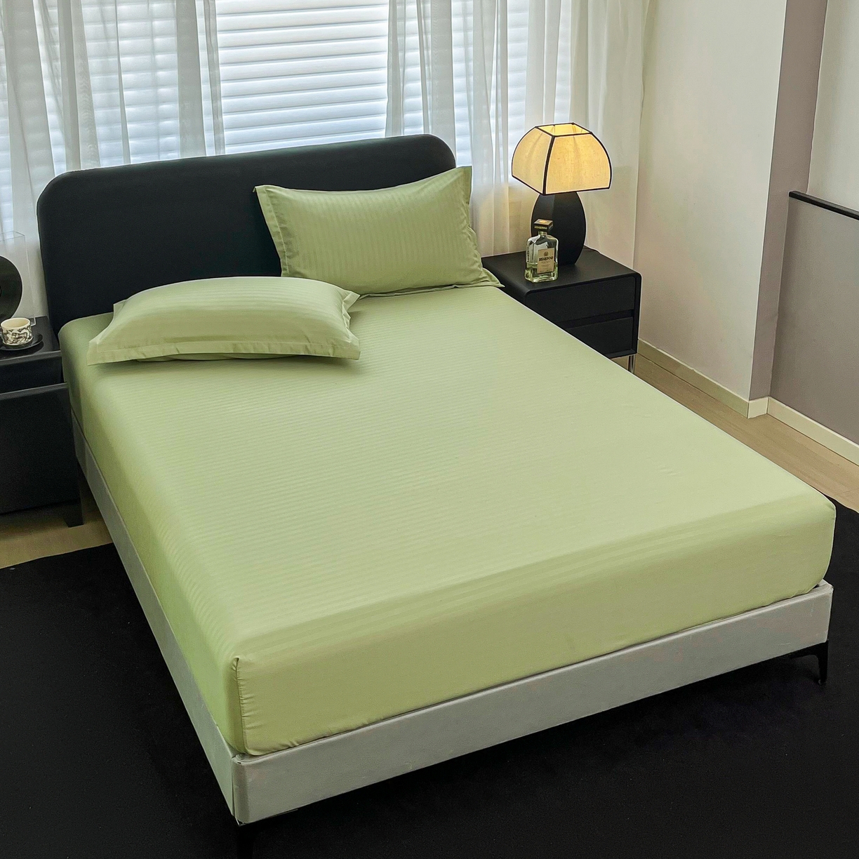 91家纺网 家纺一手货源 找家纺 恬澳家纺 2025新款简约磨毛压花床笠外贸跨境电商亚马逊速卖通单床笠三件套欧美尺寸多多跨境平台TEMU SHEIN 条纹-绿