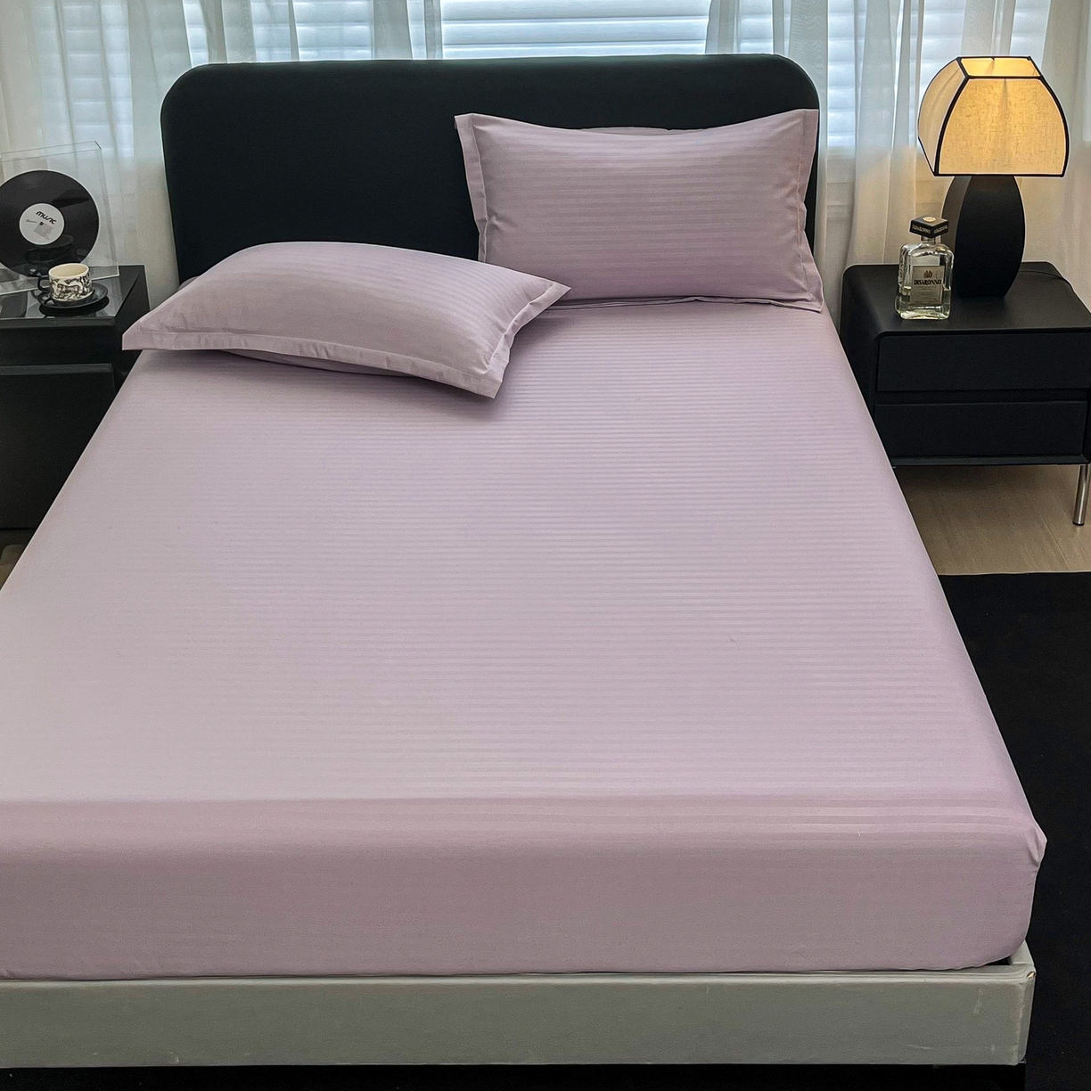 91家纺网 家纺一手货源 找家纺 恬澳家纺 2025新款简约磨毛压花床笠外贸跨境电商亚马逊速卖通单床笠三件套欧美尺寸多多跨境平台TEMU SHEIN 条纹-紫