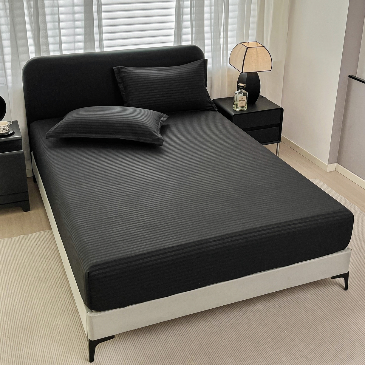 91家纺网 家纺一手货源 找家纺 恬澳家纺 2025新款简约磨毛压花床笠外贸跨境电商亚马逊速卖通单床笠三件套欧美尺寸多多跨境平台TEMU SHEIN 条纹-黑