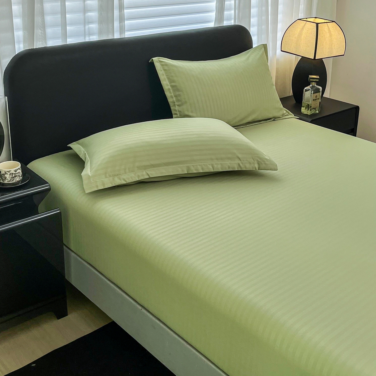 91家纺网 家纺一手货源 找家纺 恬澳家纺 2025新款简约磨毛压花床笠外贸跨境电商亚马逊速卖通单床笠三件套欧美尺寸多多跨境平台TEMU SHEIN 条纹-绿