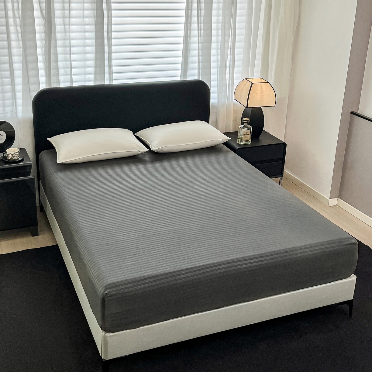 91家纺网 家纺一手货源 找家纺 恬澳家纺 2025新款简约磨毛压花床笠外贸跨境电商亚马逊速卖通单床笠三件套欧美尺寸多多跨境平台TEMU SHEIN 条纹-深灰