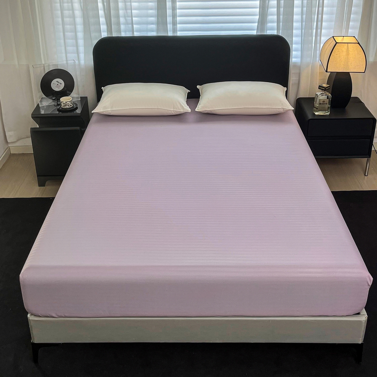 91家纺网 家纺一手货源 找家纺 恬澳家纺 2025新款简约磨毛压花床笠外贸跨境电商亚马逊速卖通单床笠三件套欧美尺寸多多跨境平台TEMU SHEIN 条纹-紫