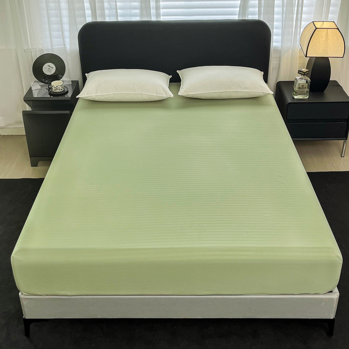 91家纺网 家纺一手货源 找家纺 恬澳家纺 2025新款简约磨毛压花床笠外贸跨境电商亚马逊速卖通单床笠三件套欧美尺寸多多跨境平台TEMU SHEIN 条纹-绿