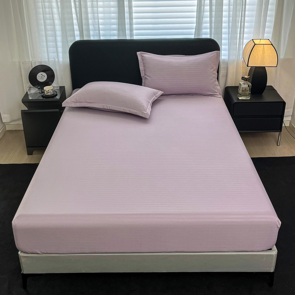 91家纺网 家纺一手货源 找家纺 恬澳家纺 2025新款简约磨毛压花床笠外贸跨境电商亚马逊速卖通单床笠三件套欧美尺寸多多跨境平台TEMU SHEIN 条纹-紫