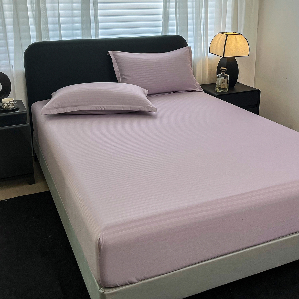 91家纺网 家纺一手货源 找家纺 恬澳家纺 2025新款简约磨毛压花床笠外贸跨境电商亚马逊速卖通单床笠三件套欧美尺寸多多跨境平台TEMU SHEIN 条纹-紫