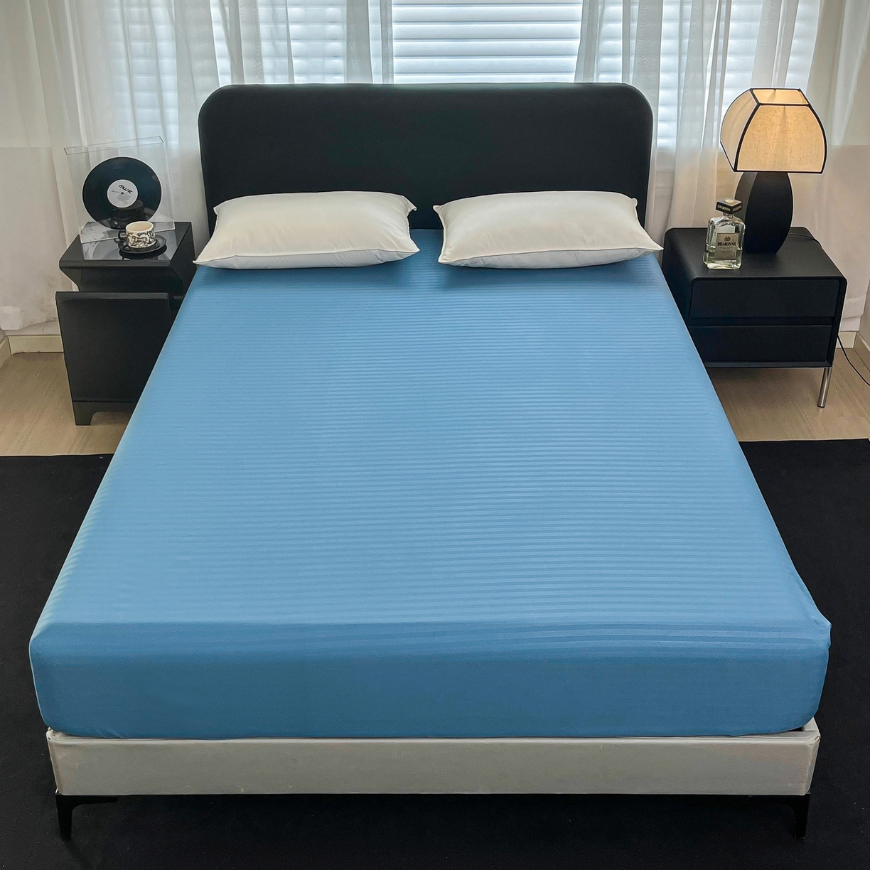 91家纺网 家纺一手货源 找家纺 恬澳家纺 2025新款简约磨毛压花床笠外贸跨境电商亚马逊速卖通单床笠三件套欧美尺寸多多跨境平台TEMU SHEIN 条纹-蓝