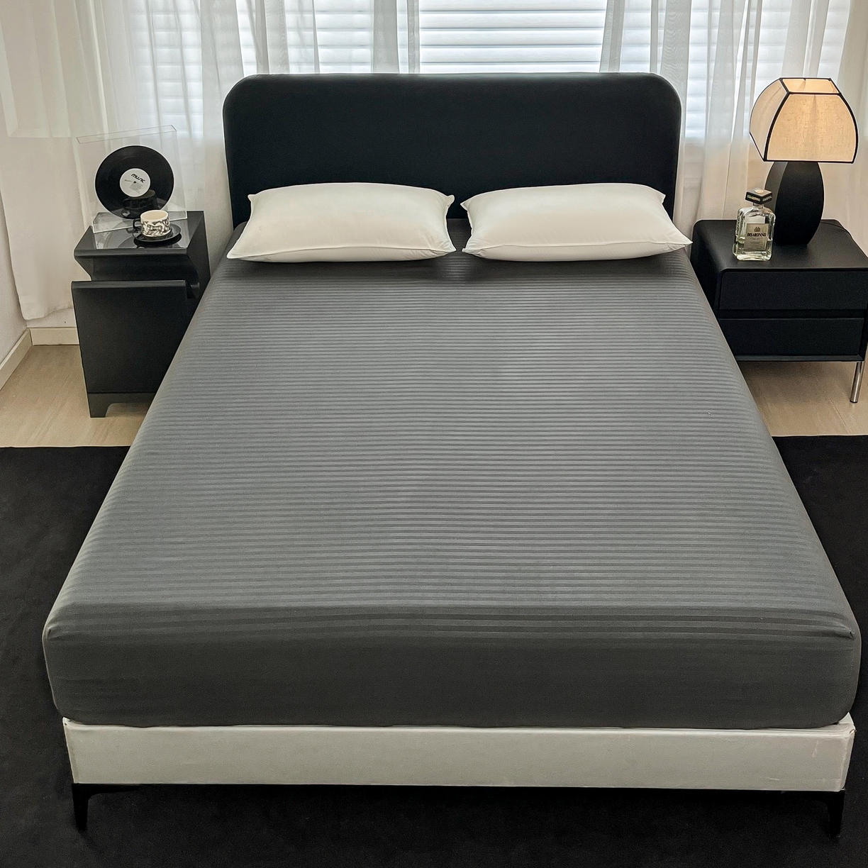 91家纺网 家纺一手货源 找家纺 恬澳家纺 2025新款简约磨毛压花床笠外贸跨境电商亚马逊速卖通单床笠三件套欧美尺寸多多跨境平台TEMU SHEIN 条纹-深灰