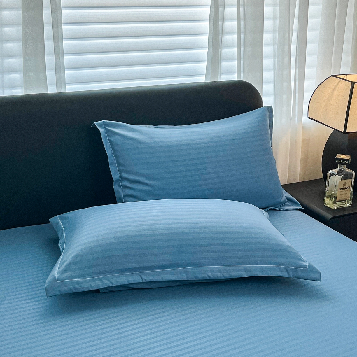 91家纺网 家纺一手货源 找家纺 恬澳家纺 2025新款简约磨毛压花床笠外贸跨境电商亚马逊速卖通单床笠三件套欧美尺寸多多跨境平台TEMU SHEIN 条纹-蓝